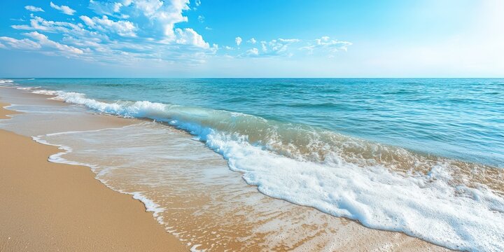Gentle waves rolling onto a sandy beach, creating a peaceful and relaxing scene with clear blue water.