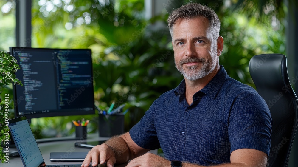 Poster tech enthusiast organizing multiple screens at a home office modern workspace professional environme