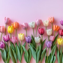Obraz premium A row of colorful tulips are arranged in a row on a pink background