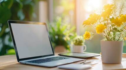 Student engaged in online learning with laptop on table surrounded by nature cozy workspace bright environment focused concept
