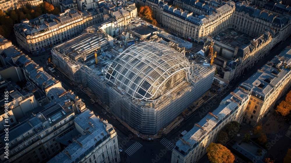 Poster aerial view of urban construction site with modern architecture framework