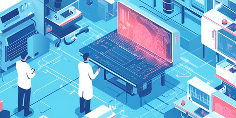 Obraz premium The Future of Science: Two scientists examine data on a large screen in a futuristic laboratory setting, showcasing the cutting-edge technology and innovation driving scientific breakthroughs.