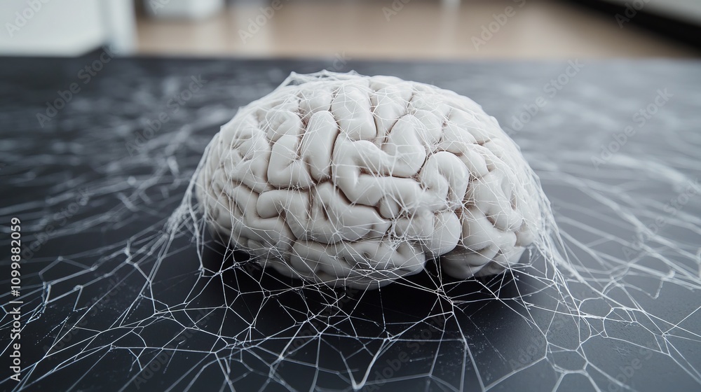 Poster a detailed close-up of a human brain covered by a translucent web, highlighting its intricate struct
