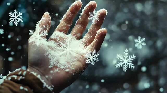 A hand catching falling snow.