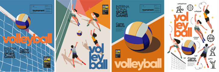 Volleyball. Vector illustration of women volleyball players, ball, net, game, icons for poster, background, leaflet, flyer