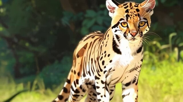 cartoon Ocelot in lush jungle environment, colorful anime animation, perfect for segue, transition