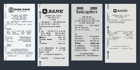 Collection of Bank Receipt. Set of Receipt Template Vector with Different Layout and Paper Color