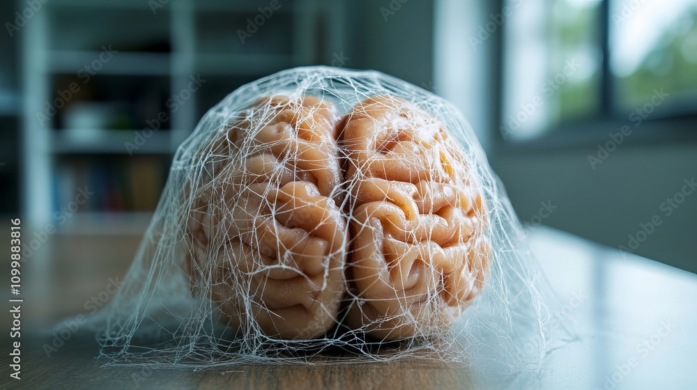 Poster a creative concept featuring a brain encased in a translucent web, symbolizing complexity and protec