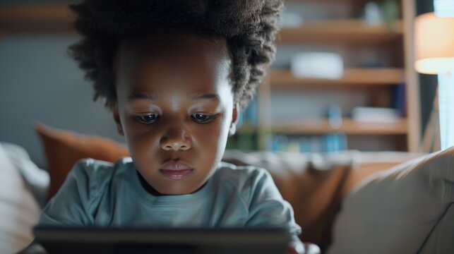 A young child intently focused On a tablet computer in a dimly lit living room. - Powered by Adobe