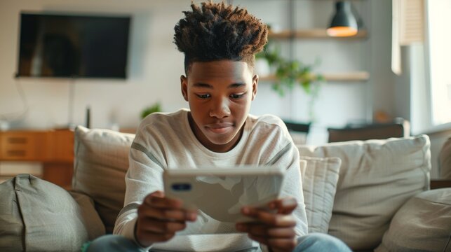 A young boy with dark skin and short curly hair sits On a couch intently gazing at a white cell phone in his hands.