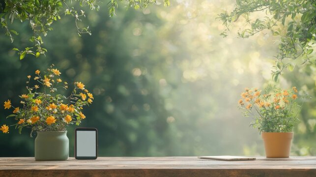 Engaging outdoor video conference space with diverse participants lush greenery mobile technology setup inviting environment serene viewpoint remote collaboration concept