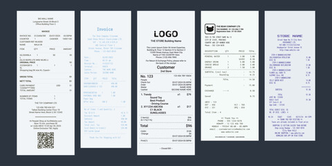 Collection of Register Sale Receipt. Set of Receipt Template Vector with Different Layout