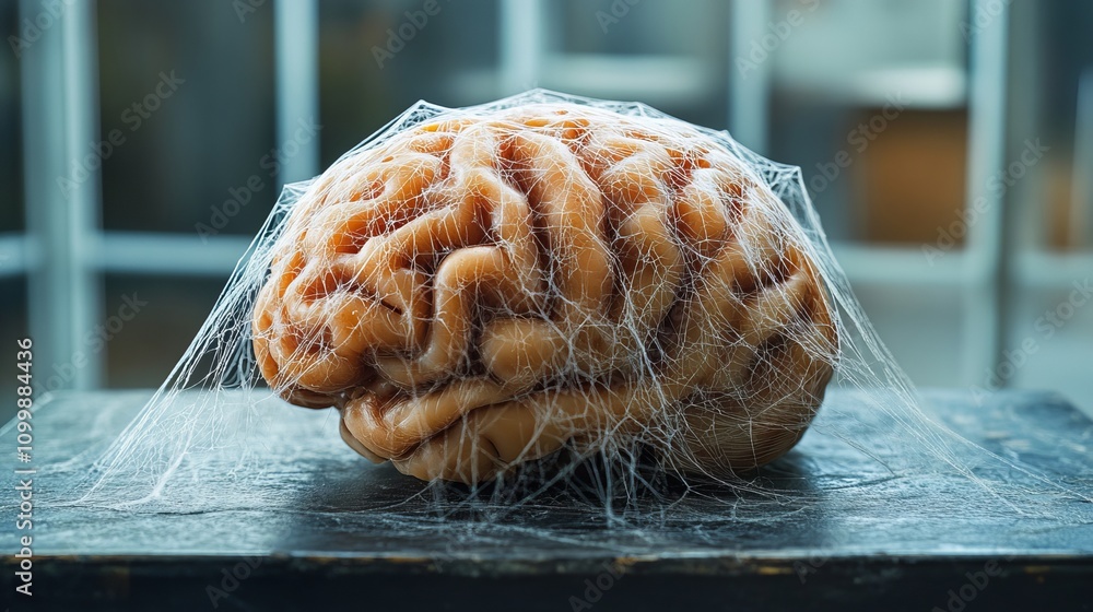Poster a detailed view of a human brain wrapped in delicate spiderwebs, creating a unique juxtaposition of 