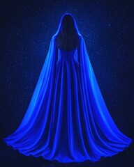 Naklejka premium Mystical Woman in Glowing Blue Gown Starry Night Fantasy Art Dreamy Romantic