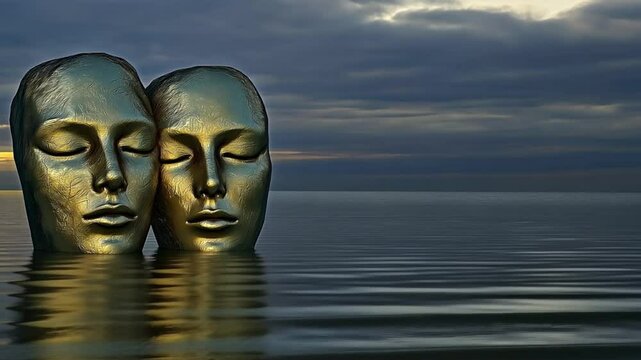 Two golden masks floating in a calm sea under an overcast sky. Representation of duality and human emotion through art.