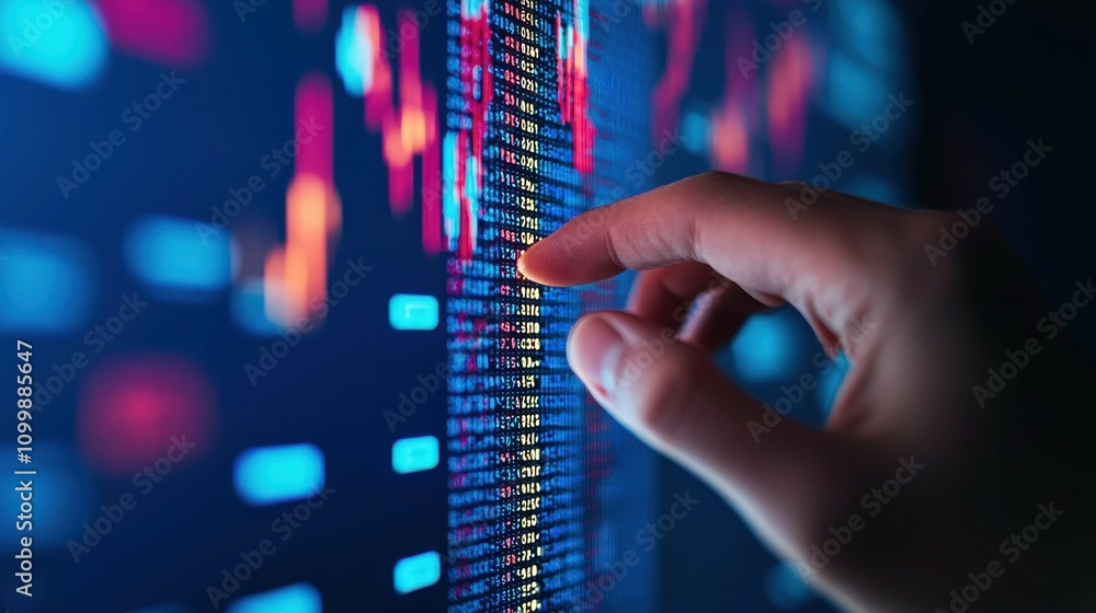 Aufkleber hand interacting with financial data visualization on screen