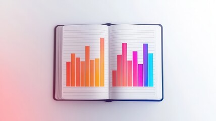 Obraz premium A colorful open notebook displays vibrant bar graphs, illustrating data analysis and graphical representation of information.