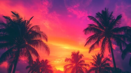 Obraz premium Vibrant Sunset Silhouette Tropical Palm Trees