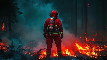 Fototapeta premium Firefighter in red gear amidst forest fire smoke and flames, cinematic night scene photography