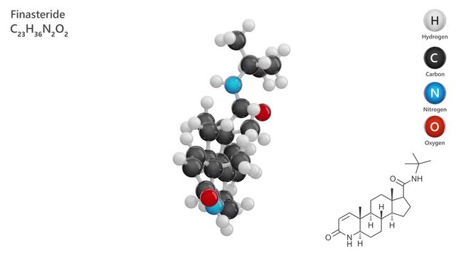 Finasteride. Animated 3D model of a molecule. Molecular formula: C23H36N2O2. Chemical model: Ball and sticks. White background. 3D rendering. Seamless loop.