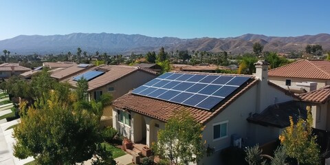 Rooftop view of multiple solar panels on a residential roof, with the sun shining brightly.