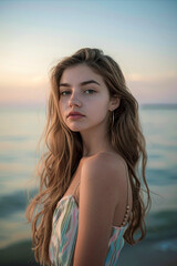 Naklejka premium Young woman with long blonde hair gazing at sunset near the ocean shore