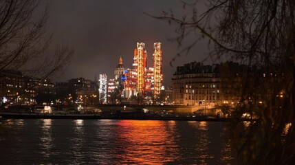 Fototapeta premium Illuminated Cityscape by River at Night with Reflections on Water
