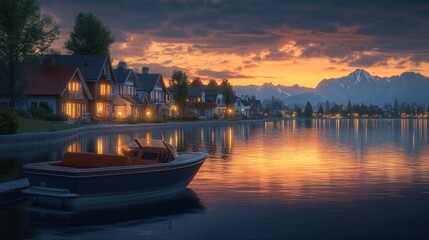 Lakeside village at sunset, boats moored, houses illuminated.