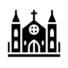 Obraz premium A minimalist vector icon of a church, featuring a traditional structure with a pointed roof, cross, and large arched windows. The design reflects simplicity and elegance, making it ideal for use in re