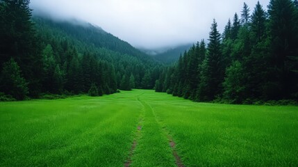 Fototapeta premium A lush green field with a path running through it