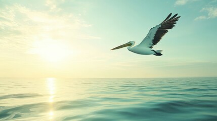 Fototapeta premium Pelican Soaring Over Calm Ocean Waters At Sunset