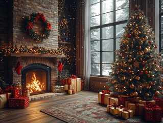 Fototapeta premium Cozy Christmas Living Room with Fireplace and Decorated Tree in Traditional Red and Gold