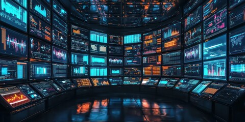 Obraz premium Trading terminal setup with numerous screens showing various market indices and news.