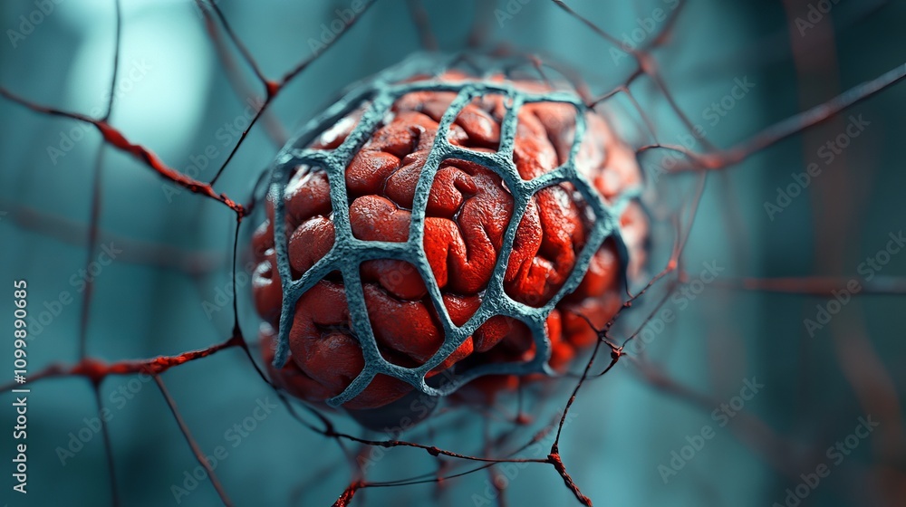 Poster A vivid close-up of a stylized human brain encased in intricate gray lattice structure, representing connections and neural pathways.