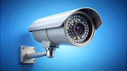 Close-up of a video surveillance CCTV security camera isolated on a blue background, representing modern security systems, monitoring technology, and public or private safety solutions.
