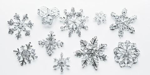 Various transparent snowflakes in different sizes and designs, floating freely on a white background.