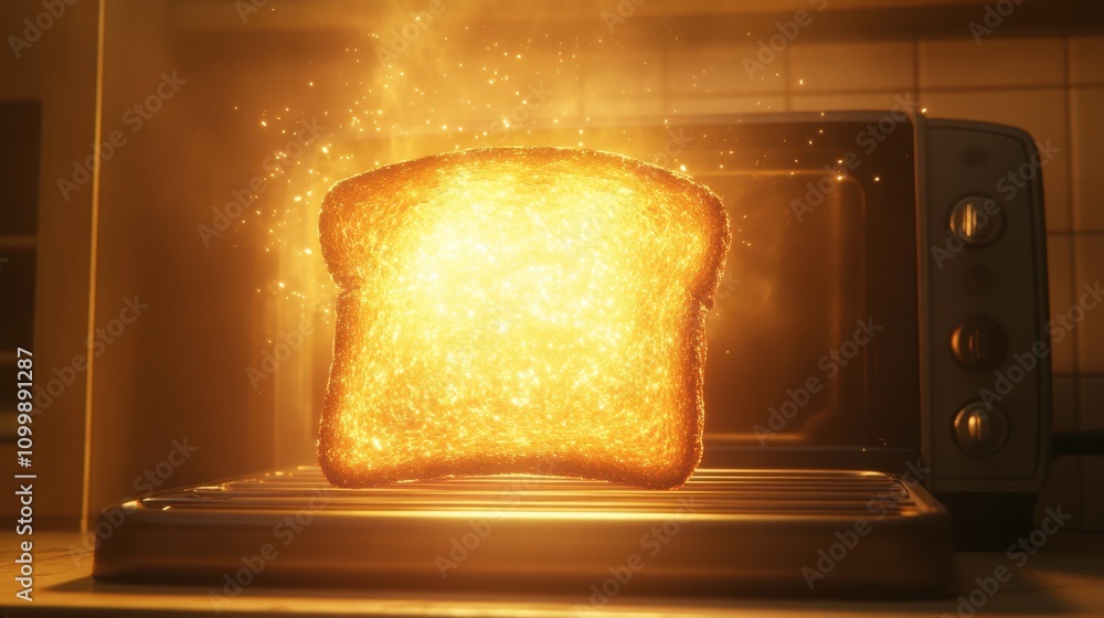 Poster golden toast sparkling in a toasting machine with warm glow