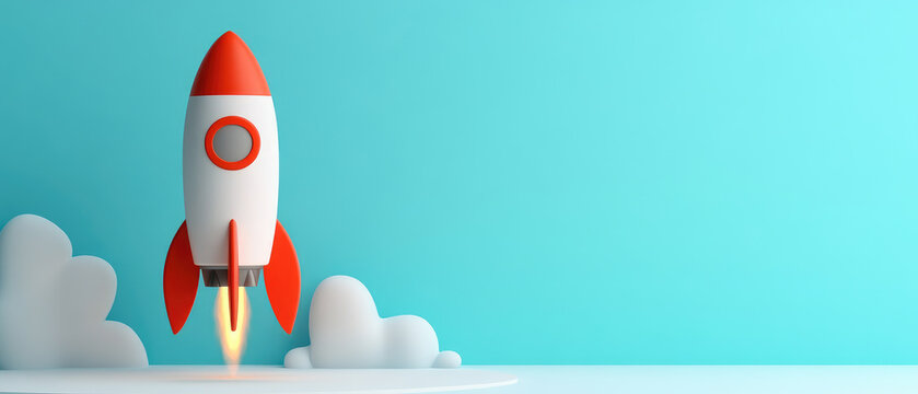 Rocket launching into blue sky space exploration digital illustration futuristic environment side view innovation concept