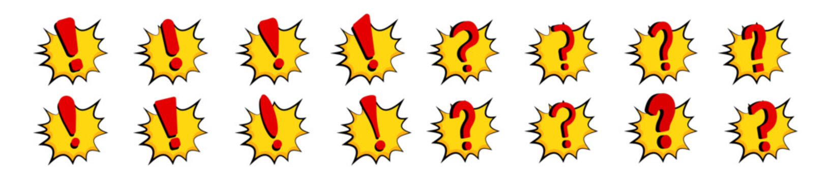Red and yellow exclamation and question symbols with a blast effect, ideal for drawing attention to warnings, risks, and urgent messages in a playful, comic inspired style.