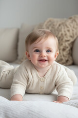 Fototapeta premium A cheerful baby with big blue eyes crawls on a cozy sofa.