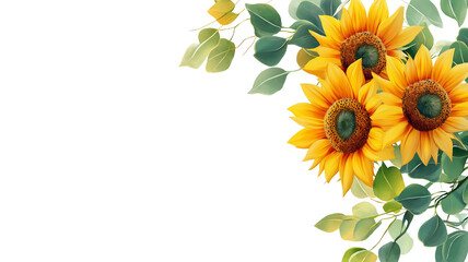 Transparent PNG image of a fresh and natural corner border design with sunflowers in full bloom and lush eucalyptus leaves in varying shades of green