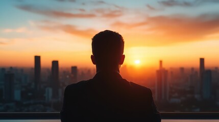 Fototapeta premium A man is standing on a balcony looking out at the city skyline