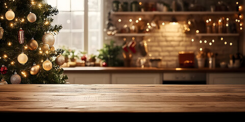 Festive kitchen backdrop with empty wooden table in foreground, Christmas tree and twinkling lights creating a warm, cozy atmosphere for holiday cooking and gatherings.