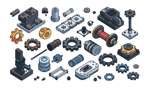 Isometry machinery parts. Gears invention spare details, bushings metal plates brackets and hinges, cardan shafts with shim nuts and bolts , isolated vector illustrations in white background