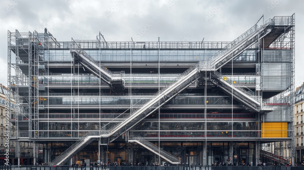Poster modern architectural structure with scaffolding and unique design