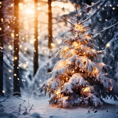 Fototapeta premium Magical Forest Scene: Snowy Christmas Tree Illuminated with Golden Lights
