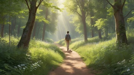 Peaceful natural forest scene with a path lined by tall green trees and people strolling through.  
