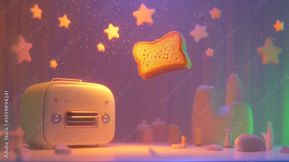 Poster floating bread toast with toaster surrounded by colorful stars