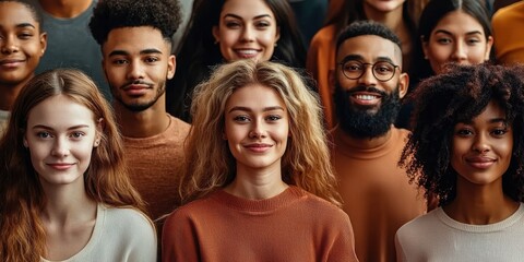Obraz premium A diverse group of people smiling and looking at the camera, representing diversity in the work culture.