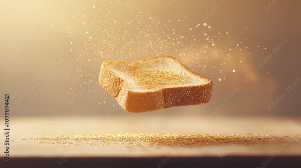 Aufkleber toast slice floating with golden sprinkles in soft light background